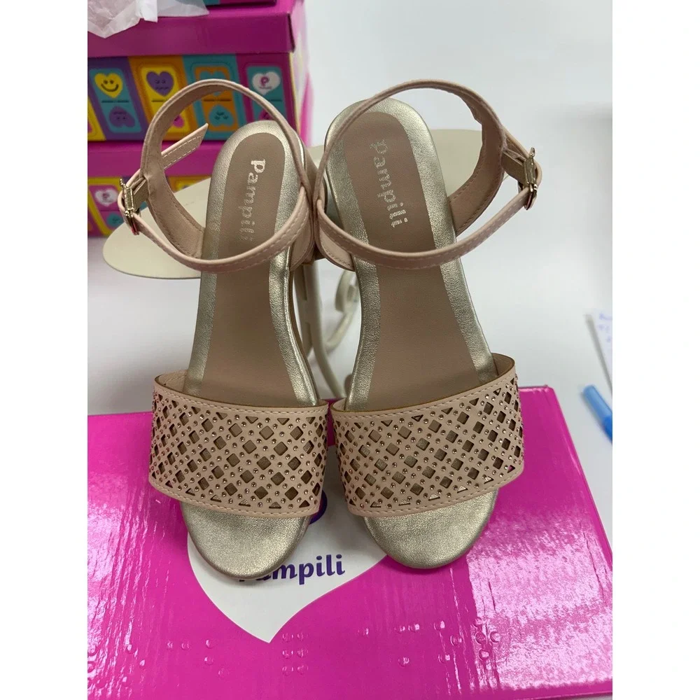 Pampili Girls Pink Laser Cut Rhinestone Dress Sandals Low Block Heel Metallic